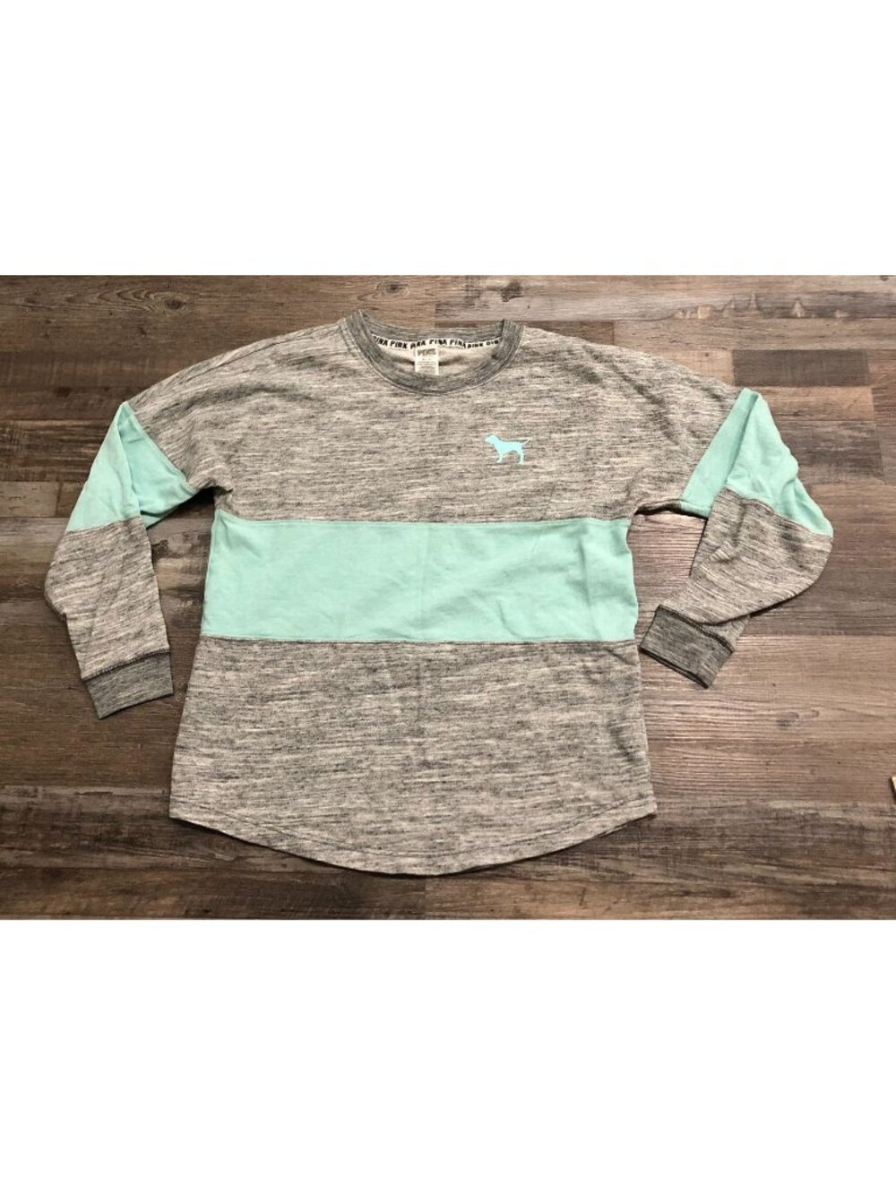 Victoria's Secret Pink Gray & Teal Blue Medium Crewneck Sweatshirt